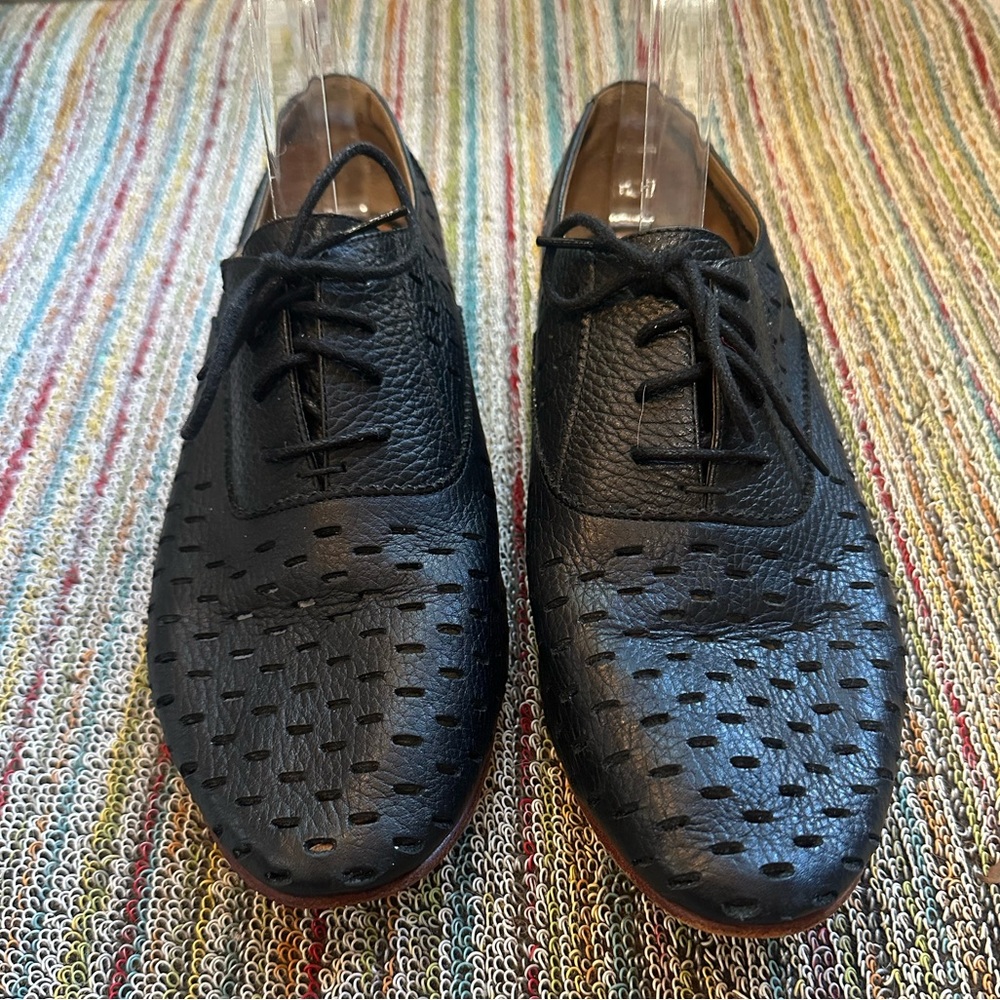 John Fluevog Black Perforated Leather Lace-Up Oxfords with Brown Sole